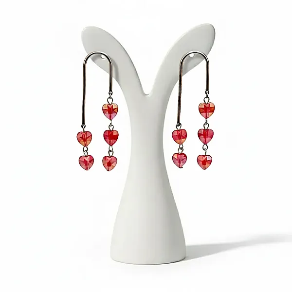 Statement Σκουλαρίκια Ατσάλι με Καταρράκτη από Κόκκινες Καρδιές Κρύσταλλα